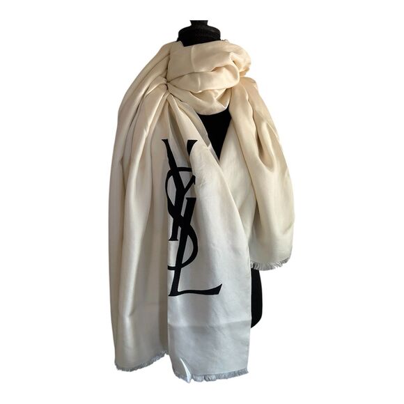 Vintage 70’s Yves Saint Laurent YSL Large Ivory Silk Scarf Wrap Shawl 35”x70” - Picture 1 of 4